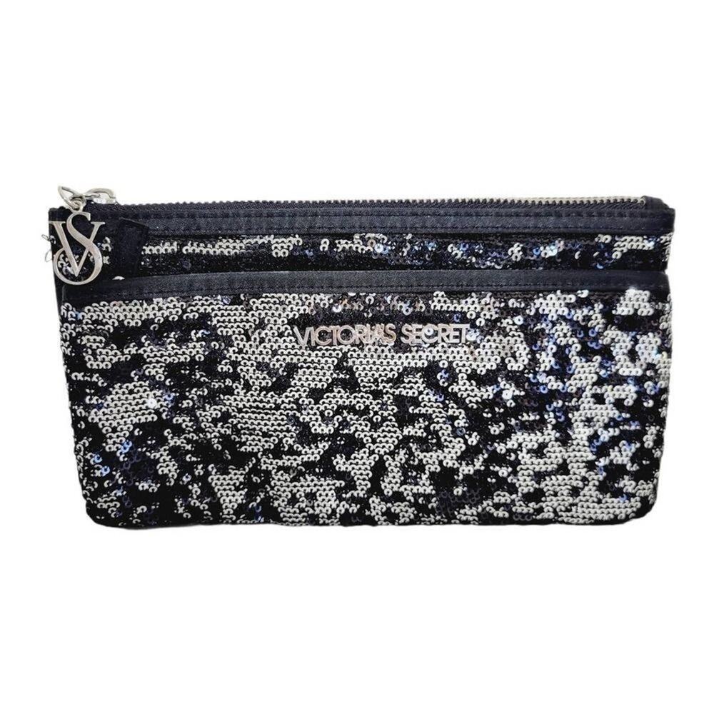 Victoria Secret Sequin Clutch Purse Black Silver Double Zip Pockets Sparkly Glam